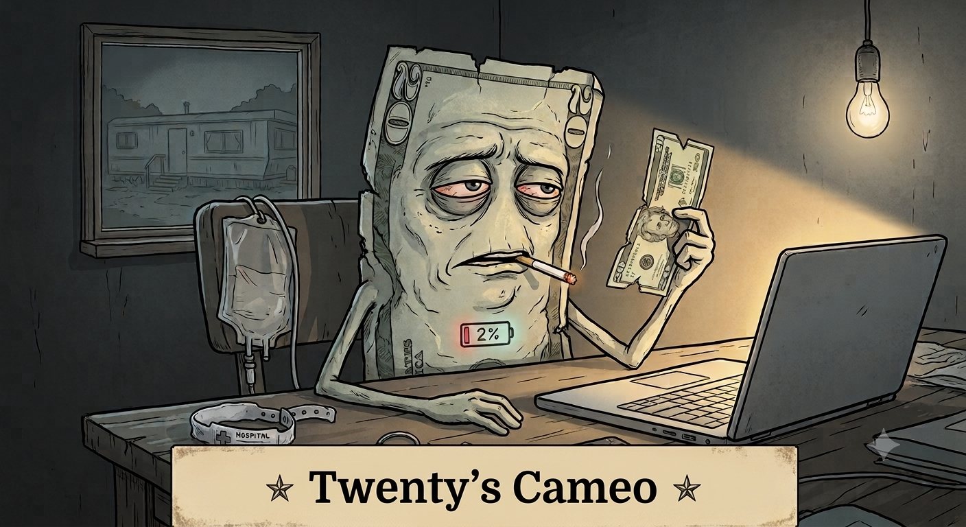 Twenty himself, hooked to an IV, smoking at a laptop, holding up a crumpled twenty-dollar bill under a bare bulb.