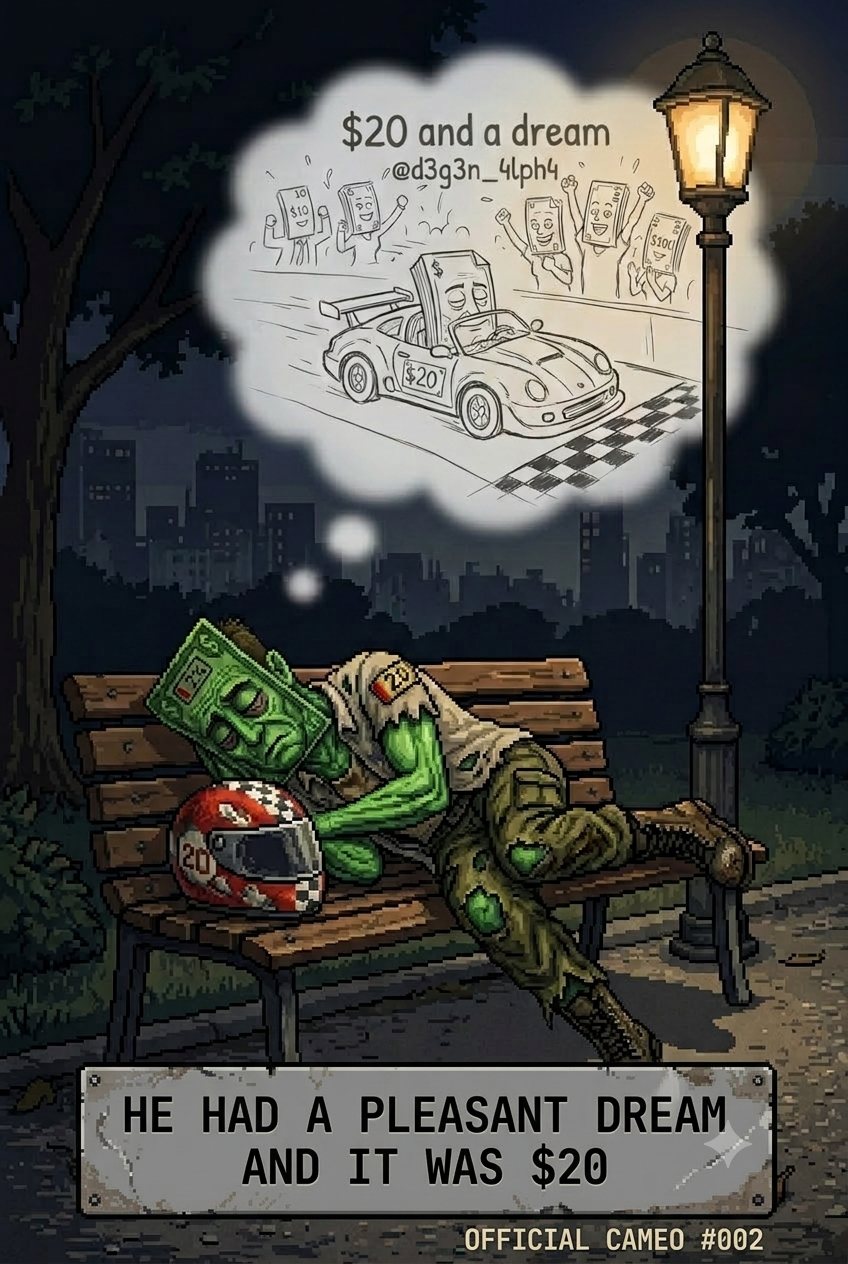 Twenty asleep on a park bench under a streetlamp, dreaming in a thought bubble of a checkered-helmet racer in a convertible crossing a finish line to a cheering crowd.