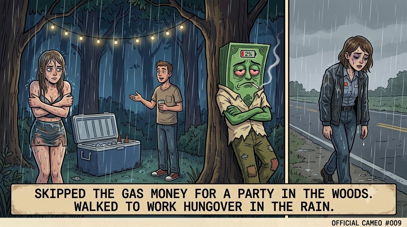Two-panel scene: a soaked woman shivering by a cooler in the woods while Twenty leans against a tree in the rain, then a bruised woman walking alone down a dark rainy road.