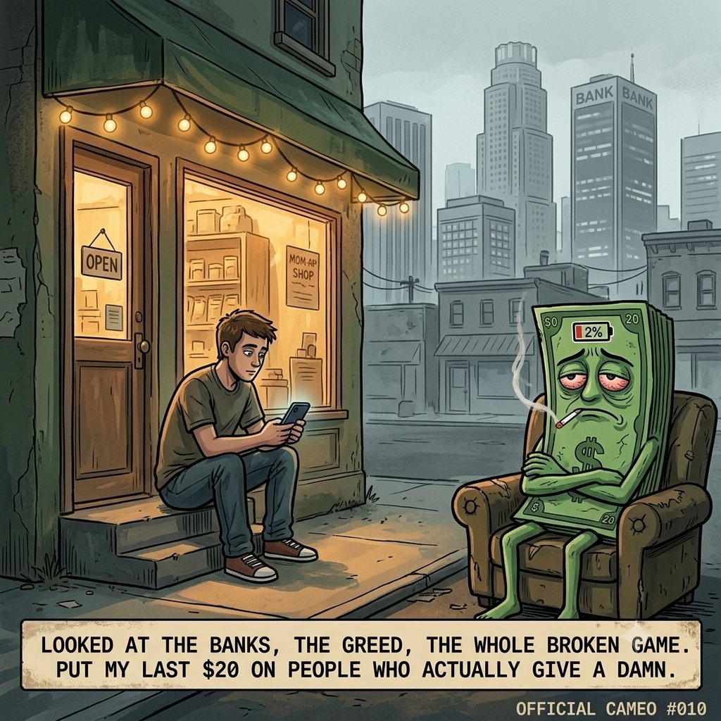 A man sitting on the steps of a lit family-owned corner shop, phone in hand, while Twenty slumps in an armchair on the sidewalk against a cold glass bank skyline.