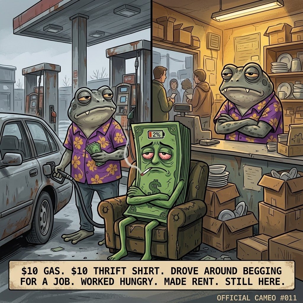 Two-panel scene: a frog-like figure pumping gas beside a slumped Twenty, then working a thrift-store counter.