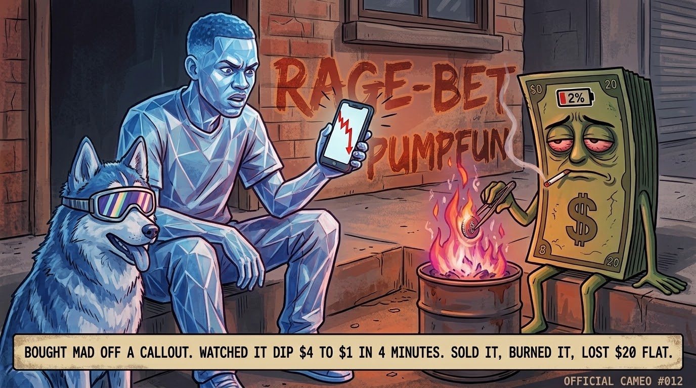 A man and his dog beside a burn barrel, watching a coin's chart crash on his phone while Twenty burns a coin in tongs over the fire.